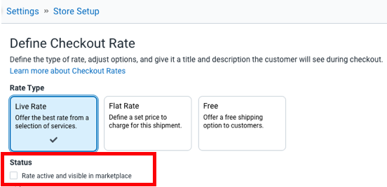 Rate active and visible in marketplace status is marked.