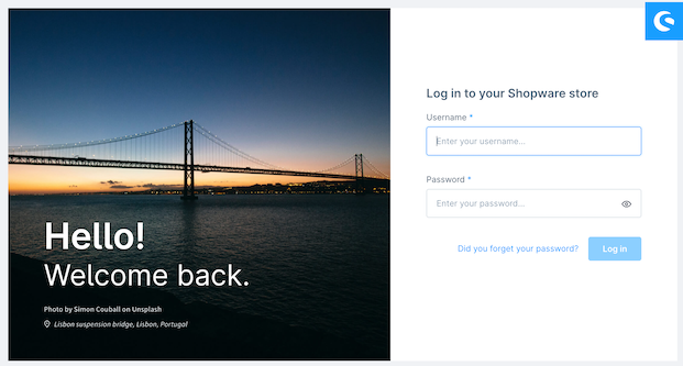Shopware admin login screen.