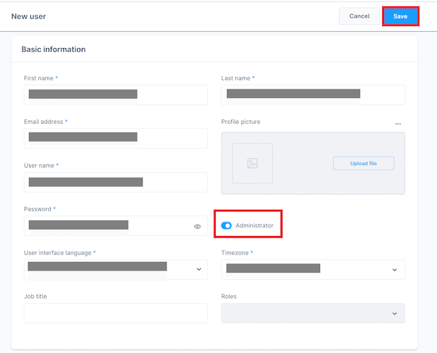 The new user modal with the administration toggle moved to the on-position and marked. The Save button is also marked.
