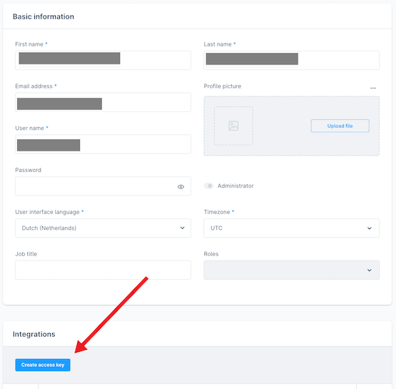 The user profile modal with an arrow pointing to the Create access key button.