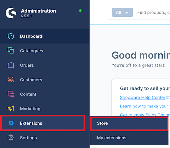Shopware UI shows Extensions and then Store marked in the sidebar.
