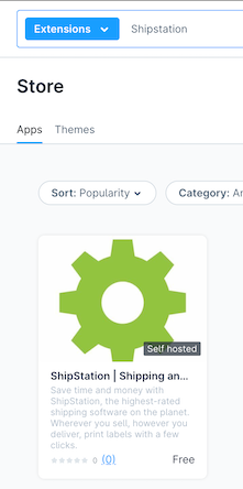 Shopware extensions search bar with ShipStation in the search field. The ShipStation plugin shows as the result.