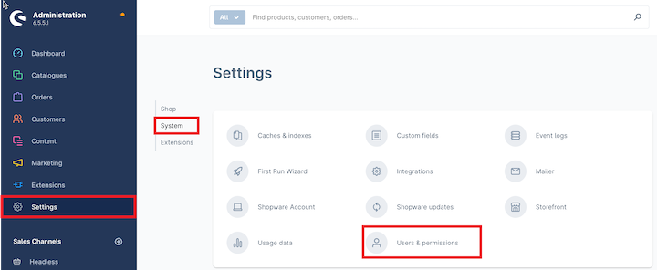 Shopware UI shows Settings, System, then Users & permissions marked.