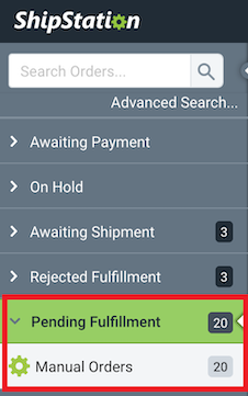 Orders sidebar. Box highlights Pending Fulfillment and Manual Orders store.