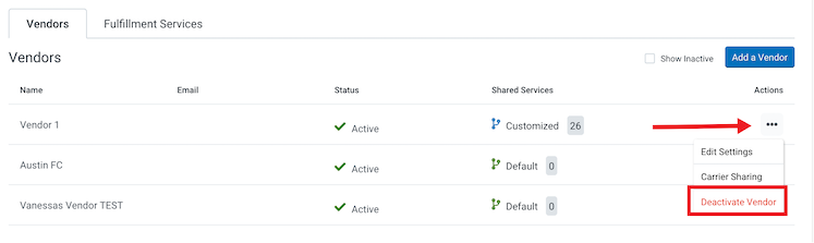 Fulfillment Providers page that shows the Vendors listed. An arrow points to a vendor action menu where Deactivate Vendor is marked in the drop-down.