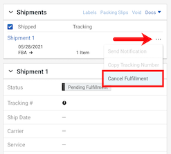 Red arrow points to three dots menu and red box highlights Cancel Fulfillment menu option in Order Details Shipment panel.