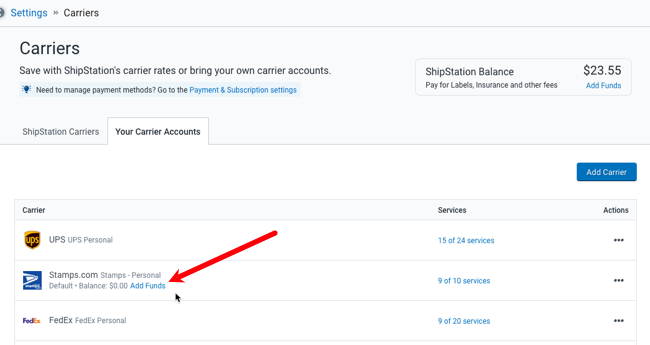 Carriers settings page. Add Funds link outlined for Stamps account