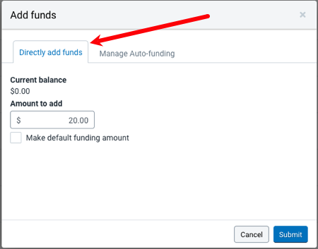 Stamps Add Funds pop-up. Arrow points to the Directly add funds tab