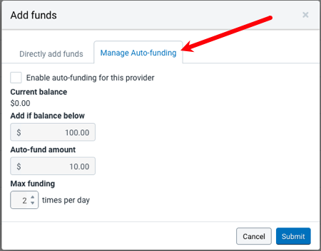 Stamps Add Funds pop-up. Arrow points to the Manage Auto-funding tab