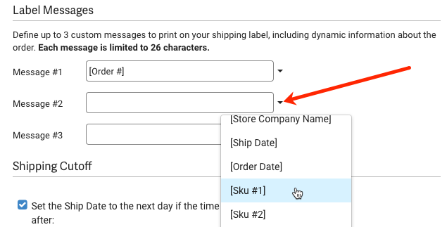Label Messages popup. Red arrow points to Message #2 dropdown menu options. SKU #1 selected.