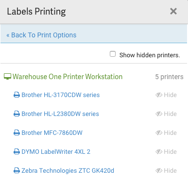 Ventana emergente para la Impresión de etiquetas.Enumera las impresoras disponibles.