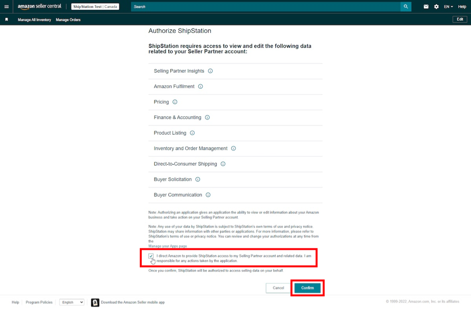 Amazon Authorization screen with the authorization checkbox highlighted.