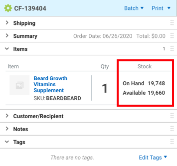 Shipping Sidebar with Items section open and Stock Levels field highlighted