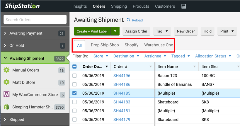 Registerkarte „Aufträge“. Der Kasten hebt ein Beispiel für gespeicherte Ansichten hervor: Drop Ship Shop, Shopify, & Warehouse 1