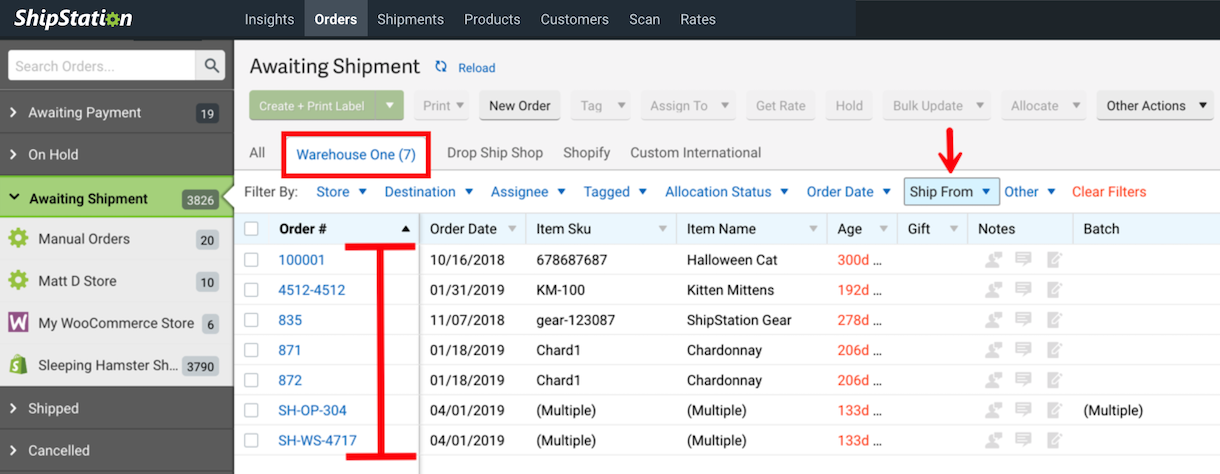 Red box highlights Saved Custom View, red bracket shows filtered orders, & arrow points to filter bar