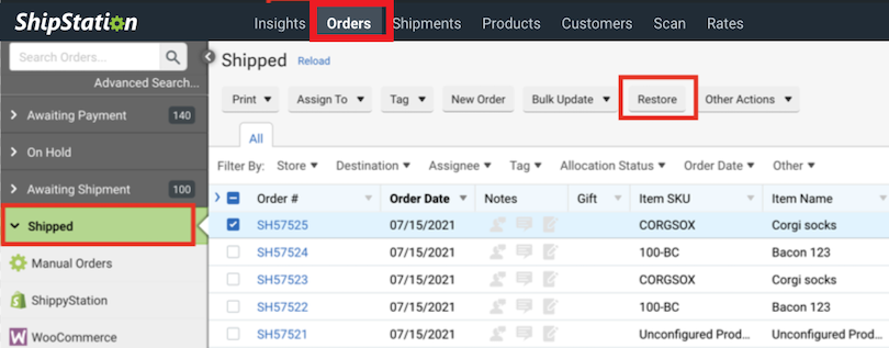 Box highlights the Restore button in the Actions bar on the Orders page