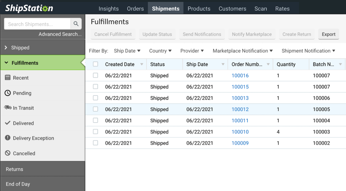 The Fulfillment Sidebar displaying shipments awaiting fulfillment.