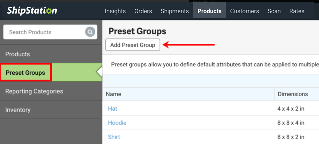 V3 Products sidebar menu with Preset Groups selected and arrow pointing to Add Preset group button.