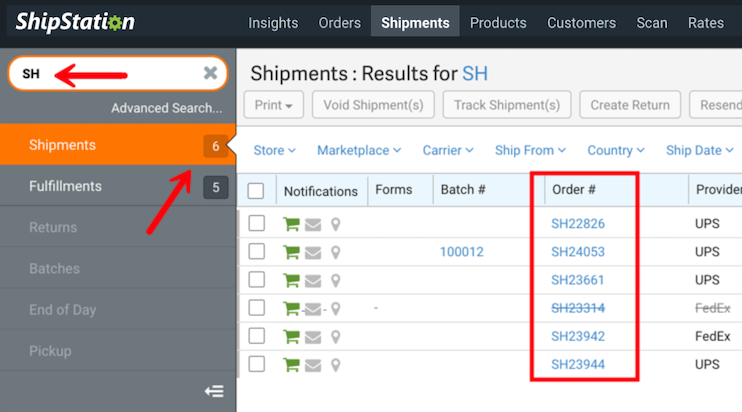 Shipment sidebar search bar with the term SH and arrow pointed Shipments menu item and highlights around the order numbers starting with SH.