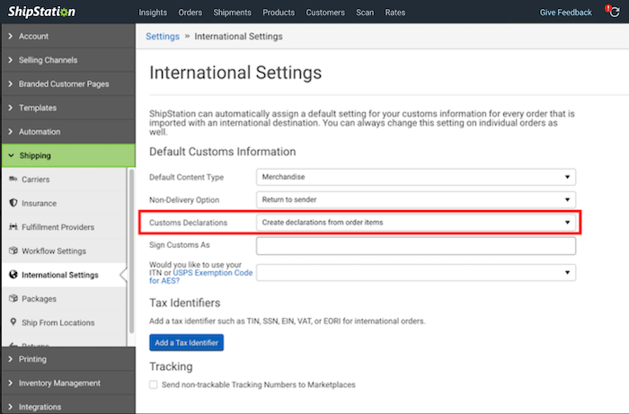 Pantalla de configuración internacional con un cuadro rojo que resalta el menú desplegable Declaraciones de aduana configurado en "Crear declaraciones a partir de artículos en pedidos".