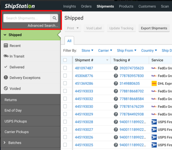 V3 Shipping tab. Red arrow points to Quicksearch field with text, grid shows search results