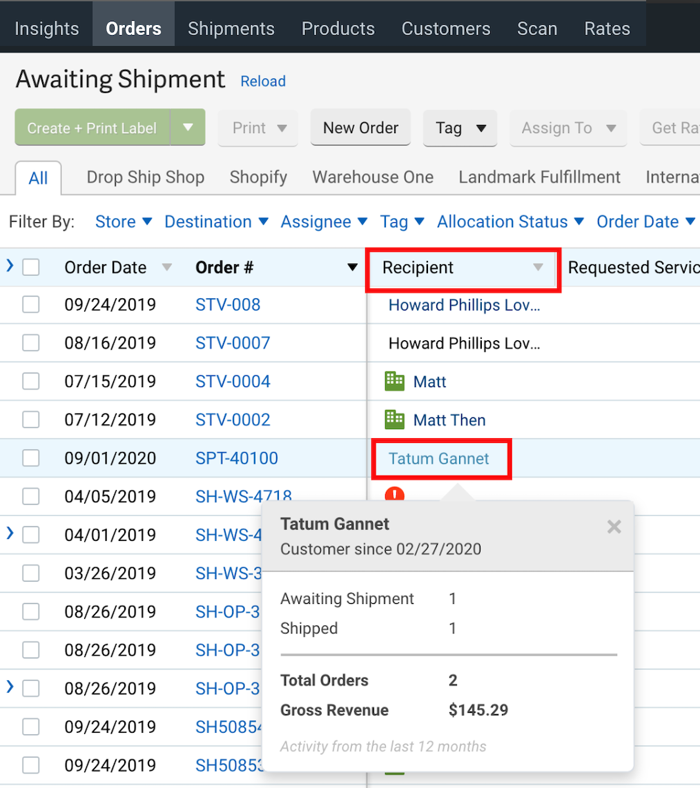 Customer history pop-up on Orders tab. Recipient column & customer name selected.