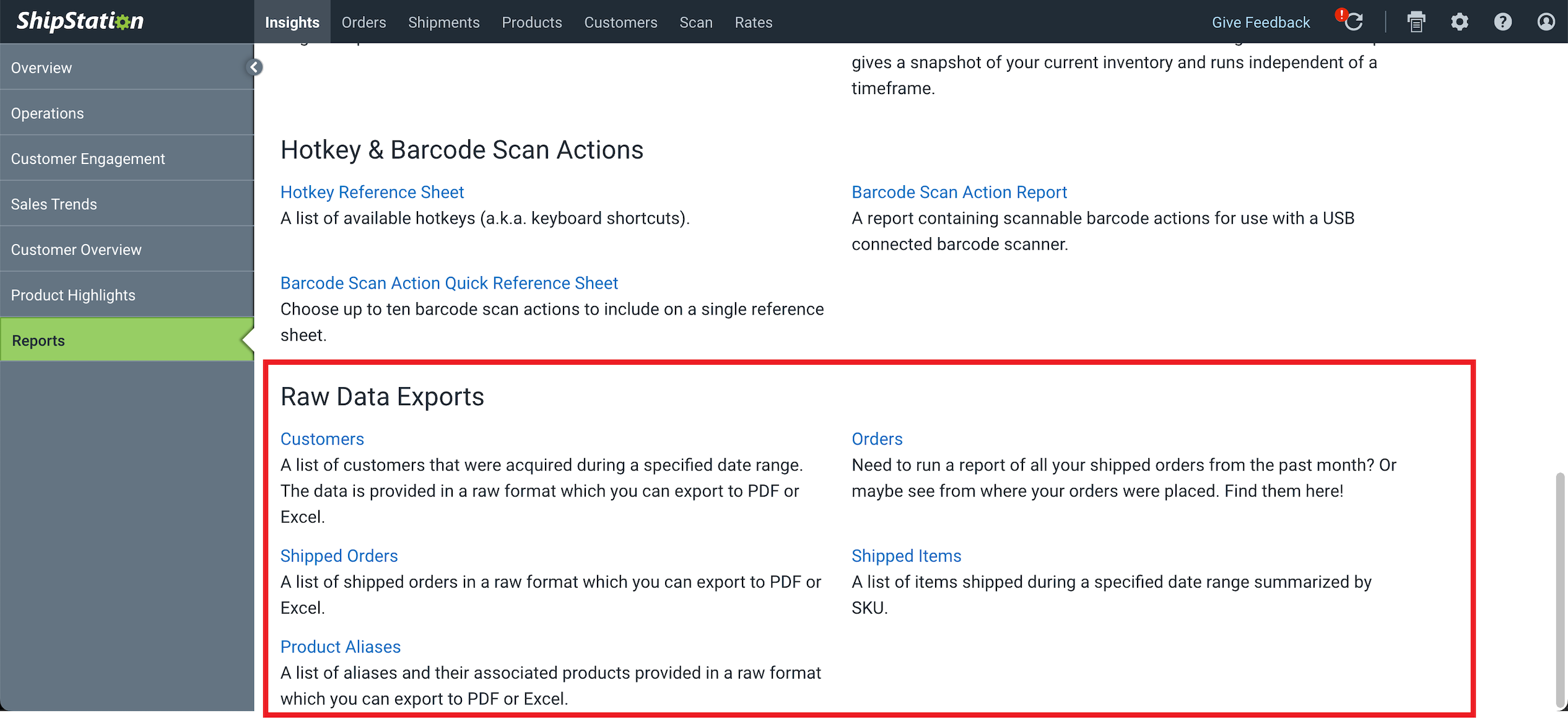 The raw data export section is marked