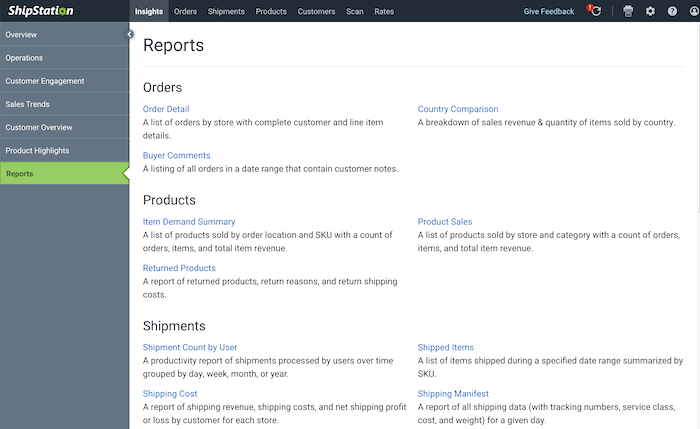The Reports tab is selected in the sidebar and the reports page shows each section.