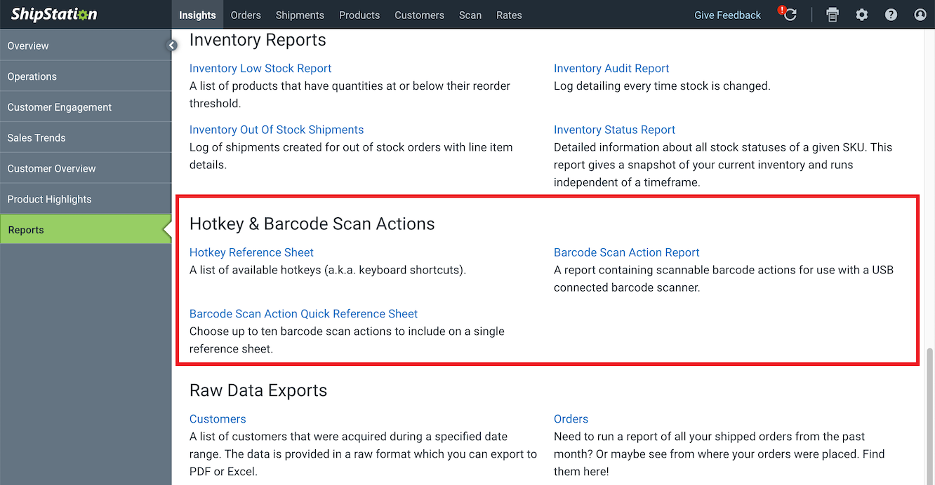 Image: Insights > Reports page, box highlights links 2 hotkey and barcode reference sheets, & barcode scan action report