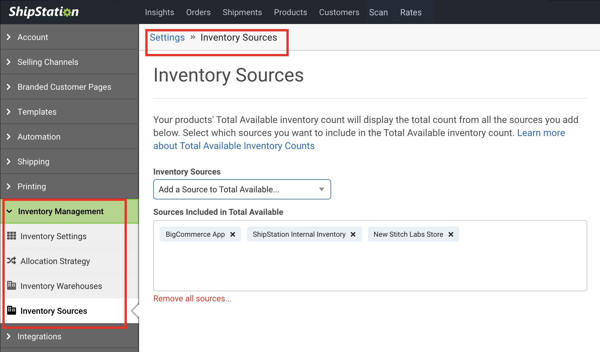 Inventory Sources settings page with multiple inventory sources added