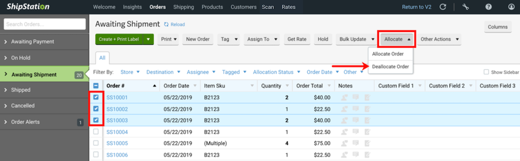 Box highlights checkmarks of selected orders. 2nd box highlights Allocate button in Action bar. Arrow points to Deallocate option