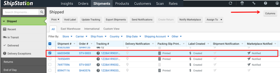 Shipping grid with shipment highlighted and arrow pointing to Columns menu.