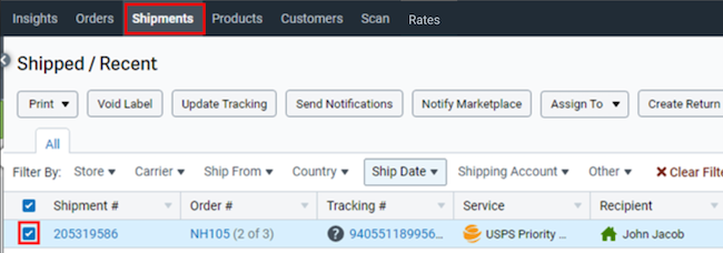 Select the shipments tab and then select the shipment to be printed.