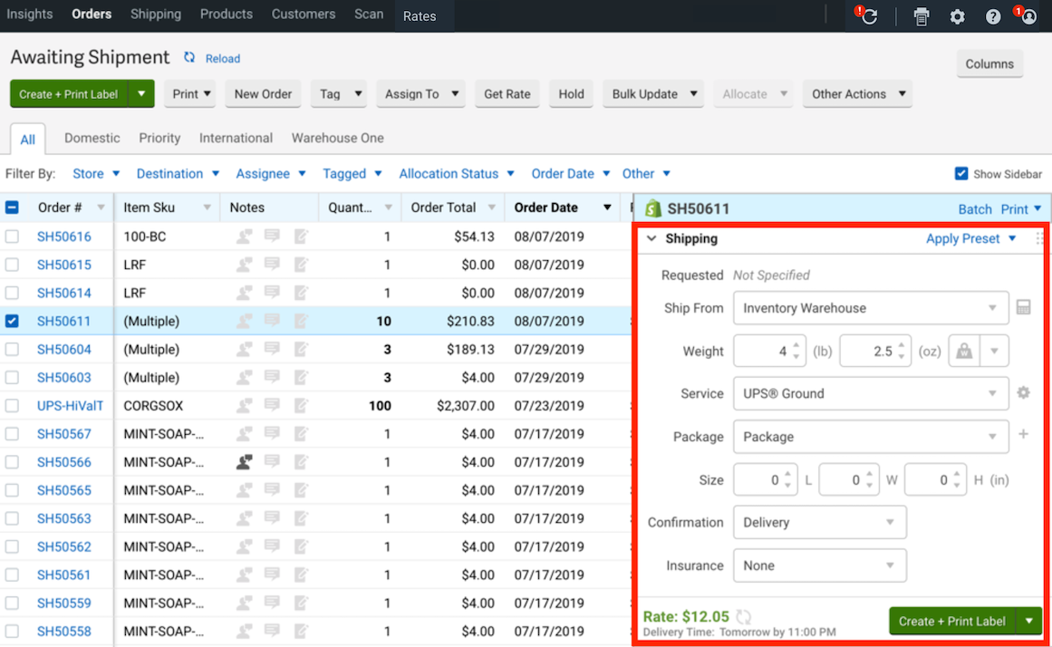 Orders grid with an order selected and the configure shipment widget highlighted in the sidebar