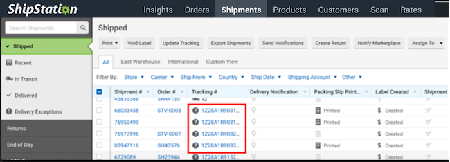 Shipping grid with examples in Tracking # column highlighted.