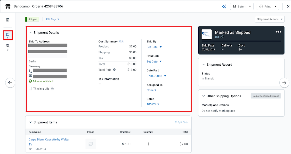 L'option Expéditions est sélectionnée dans les Détails de la commande et l'expédition n°3 est sélectionnée et affichée.