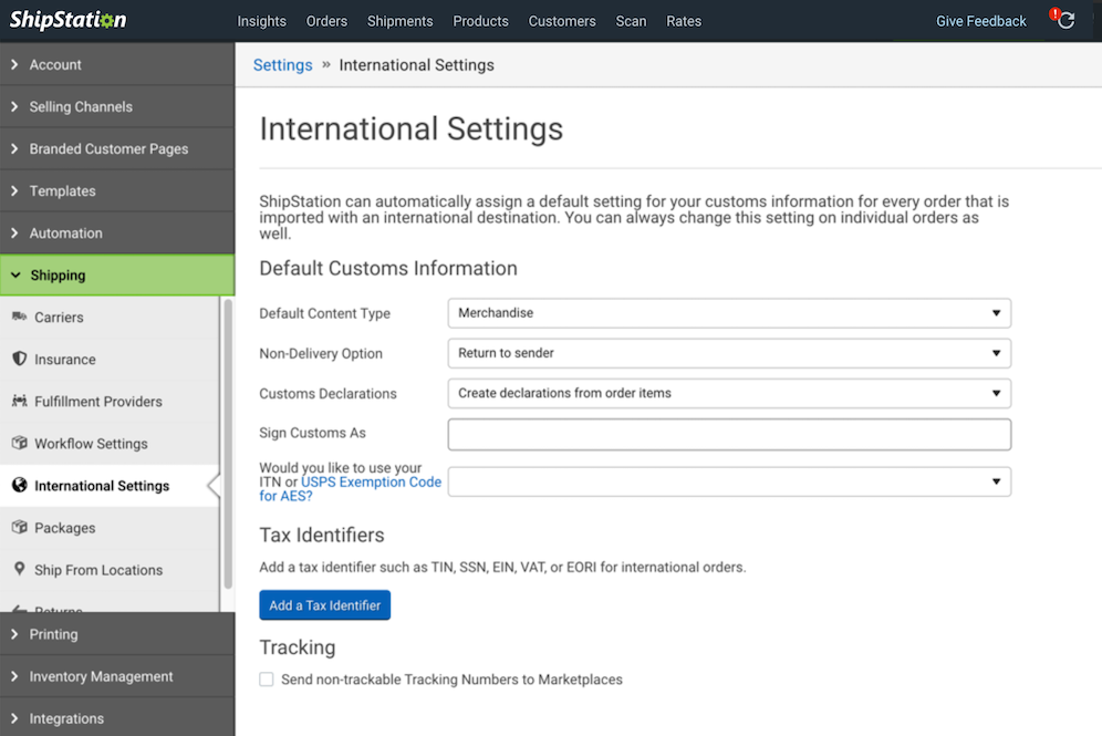 International Settings page