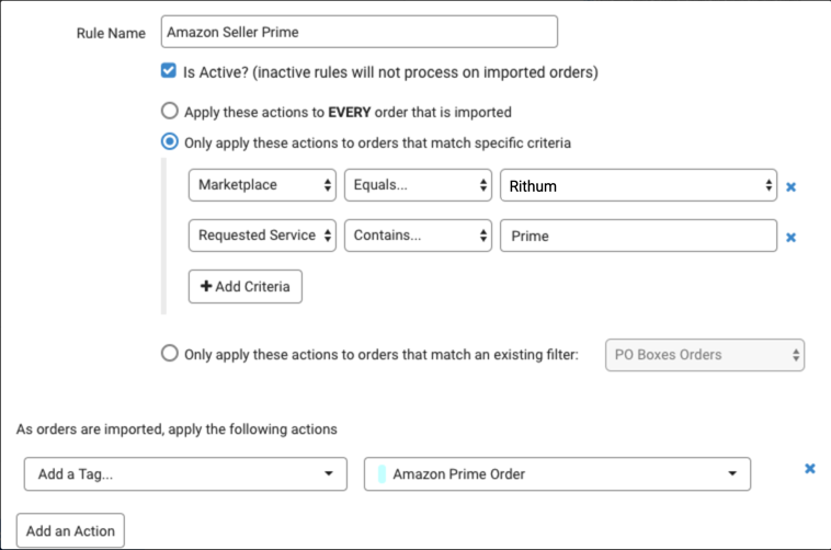 ShipStation Automation Rule applies Amazon Prime Order tag to Rithum orders with Prime as the requested service