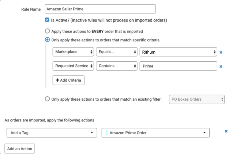 La règle d'automatisation de ShipStation applique l'identification Commande Amazon Prime aux commandes Rithum dont le service demandé est défini sur Prime