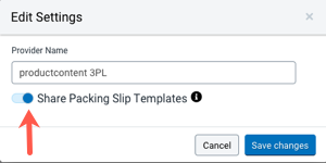 Edit settings modal on Fulfillment providers page with Share Packing Slip Templates marked