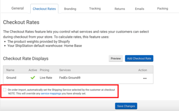 The Checkout Rates tab shows the option marked that says "on order import, automatically set the shipping service selected by the customer at checkout. Note: This will override any service category you have already set."