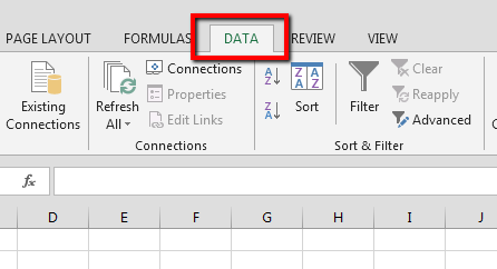 Excel-Oberfläche, auf der die Registerkarte „Daten“ mit einem roten Kasten markiert ist