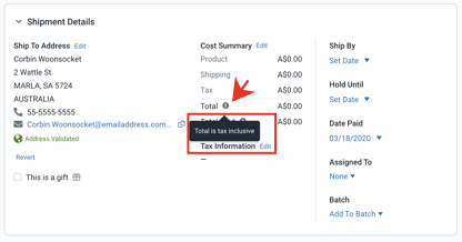 Order Details. Box highlights hover over message that reads, Total is tax inclusive.:
