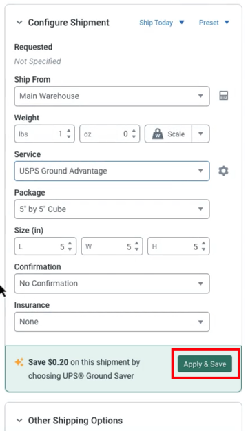 Configure Shipment widget. Box highlights the Apply & Save button.