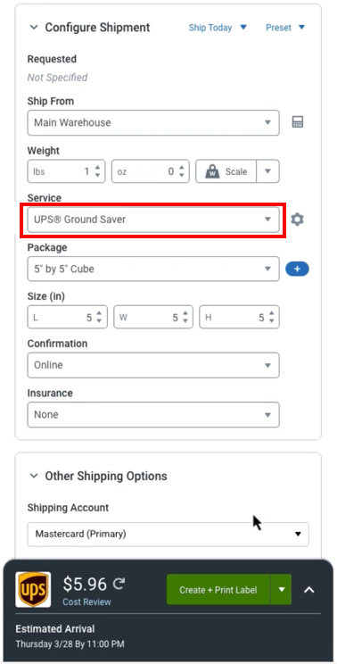 Box highlights the updated service as it appears in the Service field after clicking Apply & Save