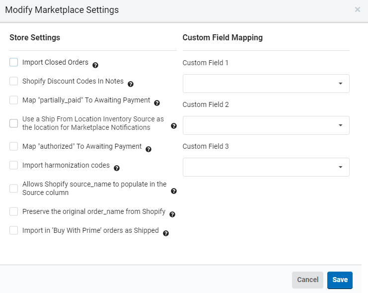 Modify Marketplace Settings popup for a Shopify store