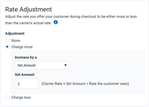 Rate adjustment options to account for packaging or handling: None, Add to Cart, deduct from rate.