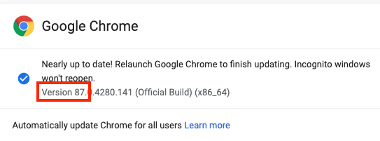 Die Versionsnummer ist durch ein rotes Kästchen auf der Google Chrome-Seite "Über Chrome" hervorgehoben.
