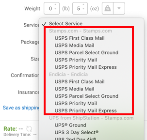 Box highlights service options for Stamps.com and Endicia