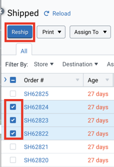 1st Box highlights Reship button. 2nd box highlights multiple orders selected on Orders grid.